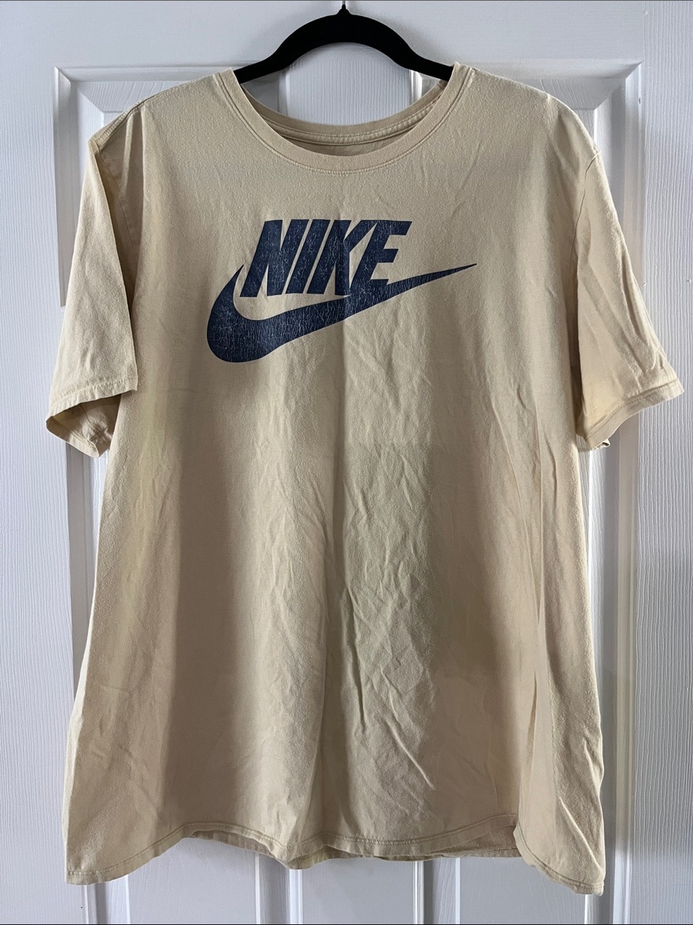 Vintage Nike Futura Logo Cream T-Shirt Distressed Blue Swoosh Men's Size XL